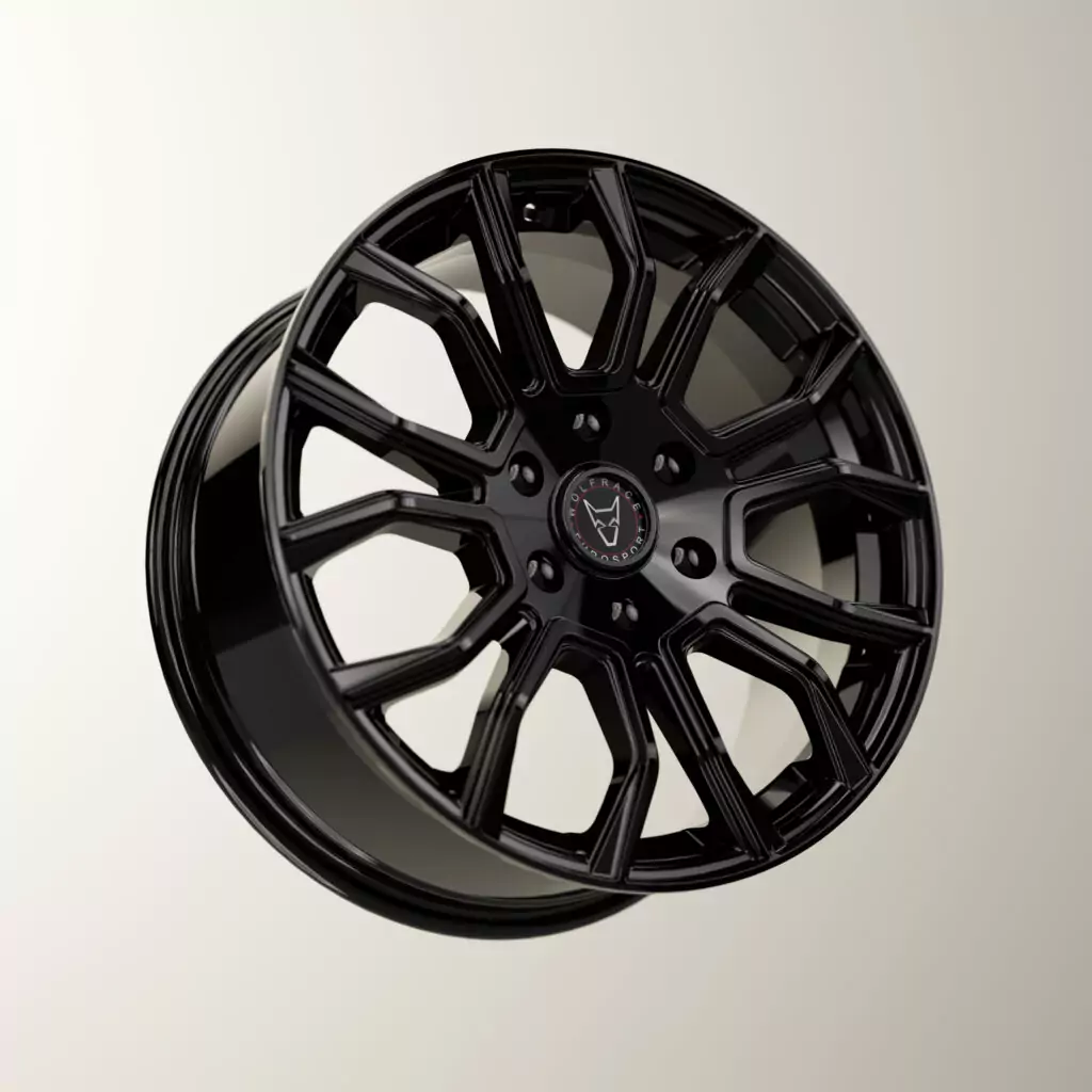A 3D digital rendering of a premium Wolfrace Eurosport alloy wheel in a high-gloss black finish, showcasing an intricate geometric split dual-spoke mesh pattern and a central black and red wolf logo cap.