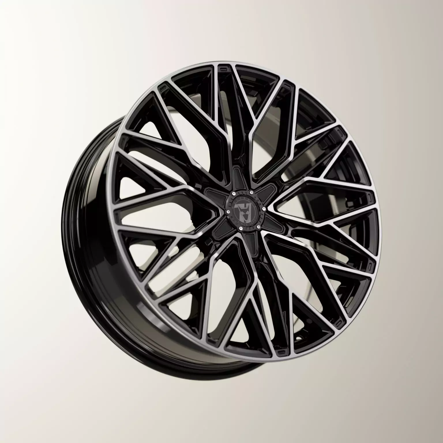 A 3D digital rendering of a premium Wolfrace alloy wheel featuring an intricate geometric split-spoke pattern with a polished silver face and glossy black finish, complete with a central Wolfrace 1971 crest center cap.