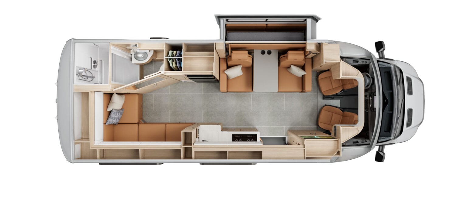 Detailed 3D floor plan layout of the Leisure Travel Vans Wonder FX CGI Motorhome